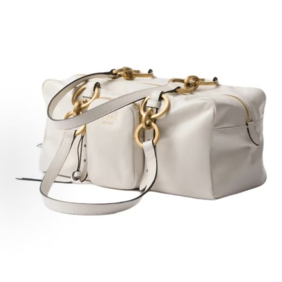 A medium-sized white women\'s handbag with a classic long-handled design from the PRADA Dangle brand